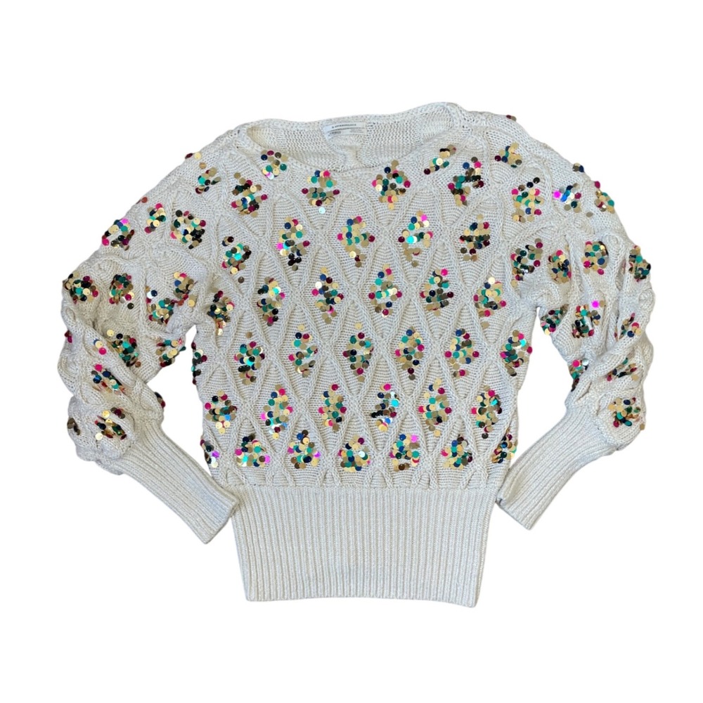 Anthropologie Sequin Cable Knit Sweater Cream Multi Color Diamond Pattern Small